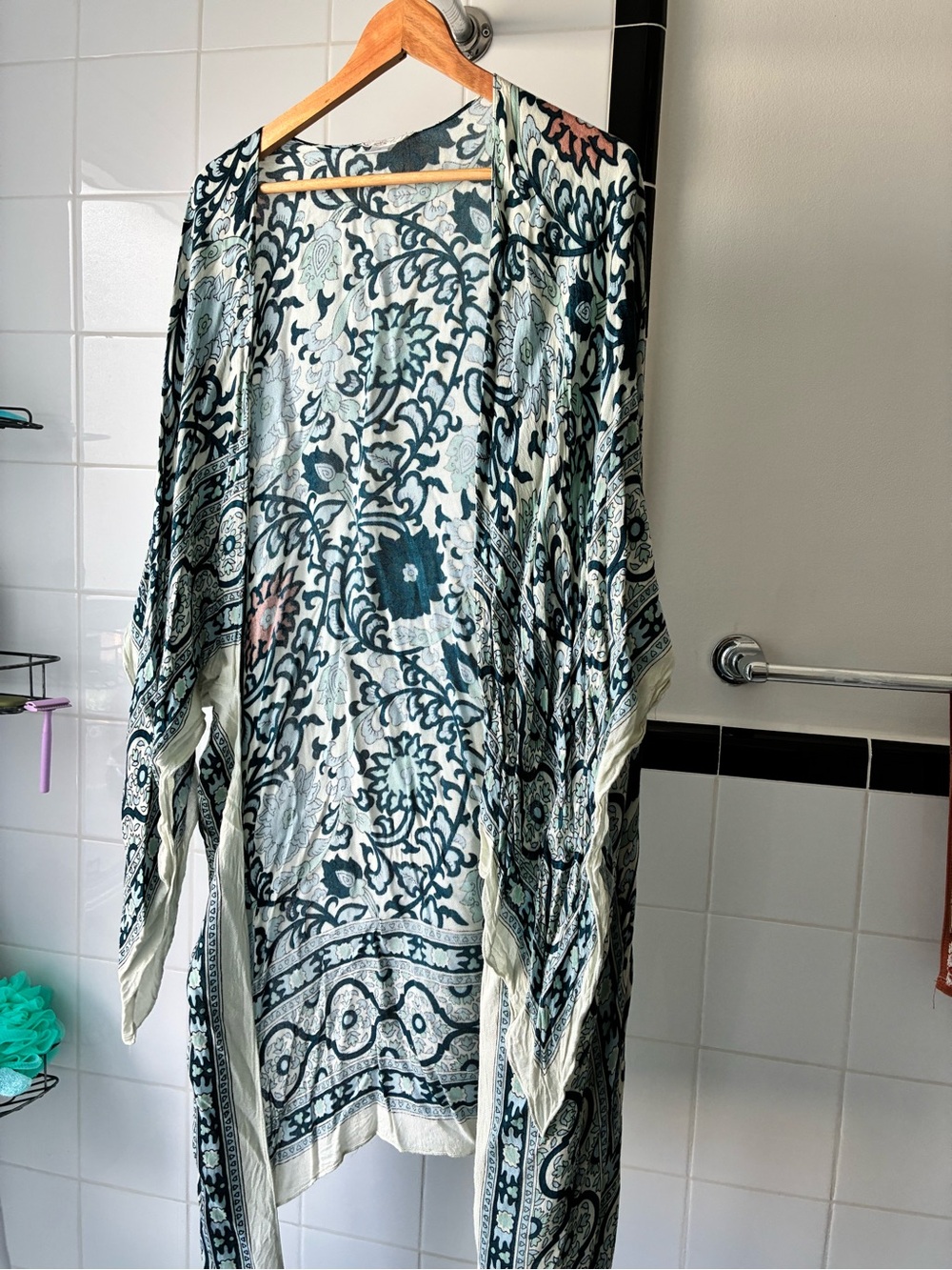 Free People Brand Cream and Teal Floral Kimono Robe